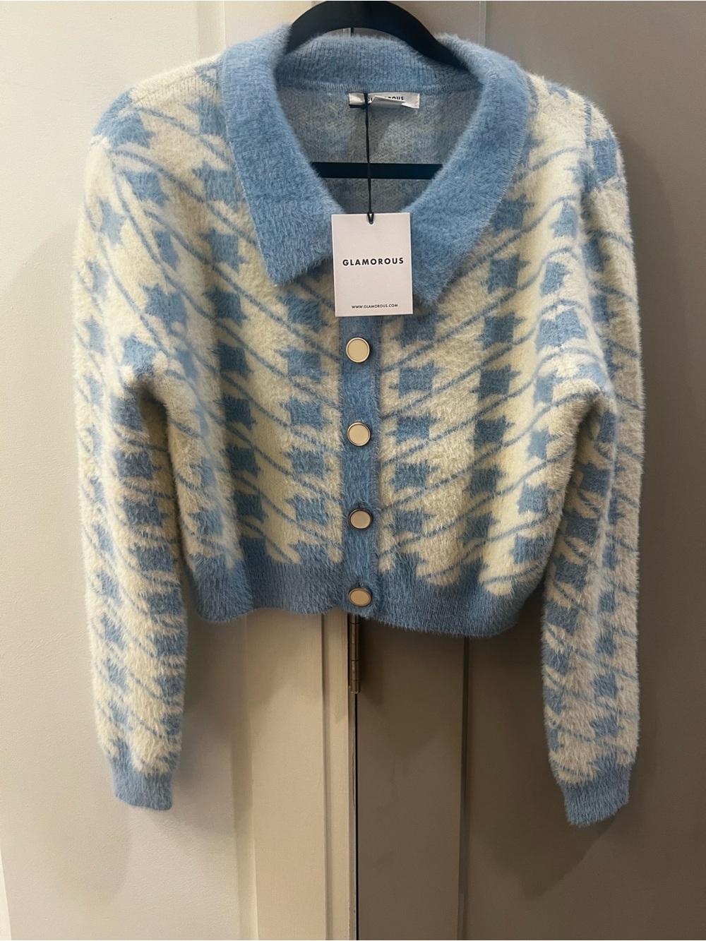 Blue & Cream Houndstooth Soft Knit Cardigan Sweater